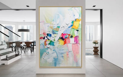 Colorful abstract painting in a modern living room setting