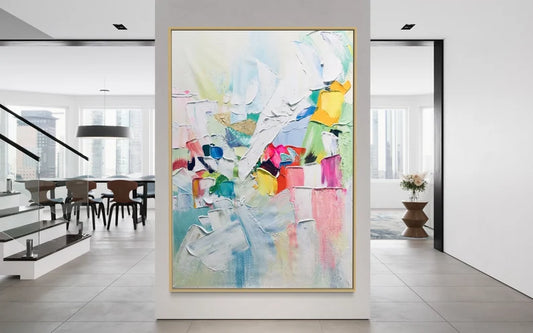 Colorful abstract painting in a modern living room setting