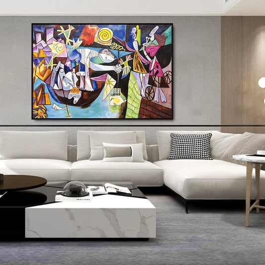 Modern living room with a colorful abstract painting on the wall above a white sectional sofa.