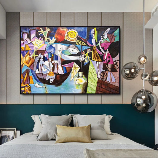 Colorful abstract painting above a bed in a bedroom with modern decor.