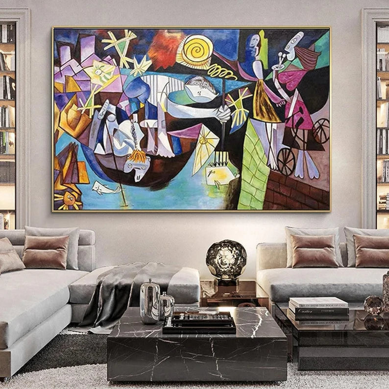 Modern living room with a large abstract painting on the wall.