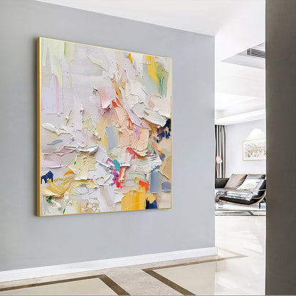 Abstract painting on a gray wall in a modern interior setting