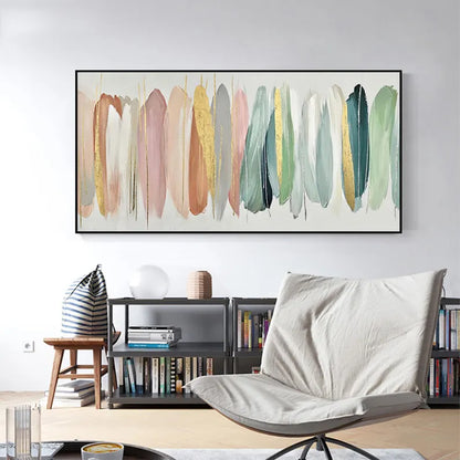 Living room with a modern chair, side table, and abstract art on the wall.