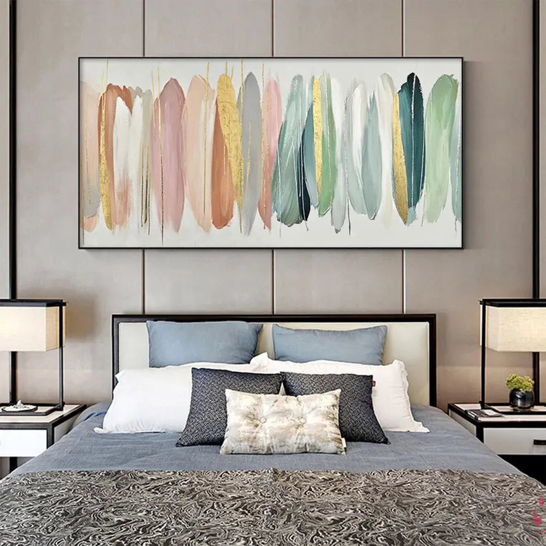 Modern bedroom with abstract wall art above a bed