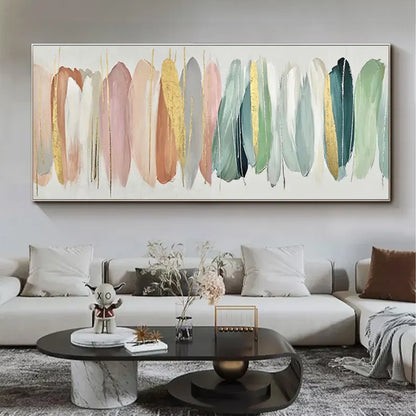 Modern living room with a large abstract painting on the wall.