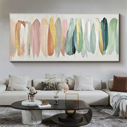 Modern living room with a large abstract painting on the wall.