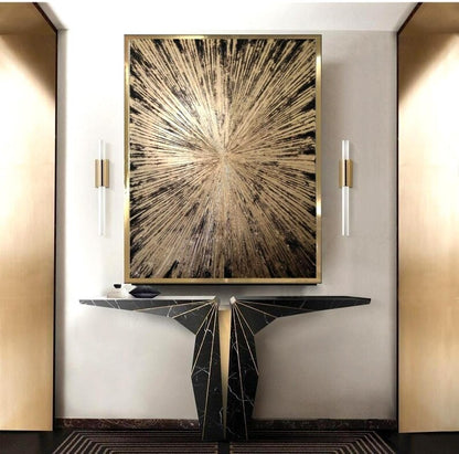 Modern interior design with abstract wall art and a console table.