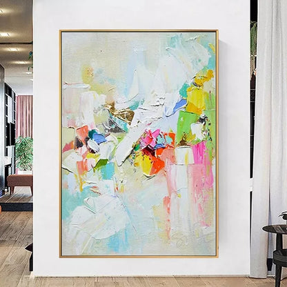Abstract painting with colorful brush strokes in a modern interior setting