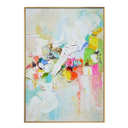 Abstract painting with colorful brush strokes in a gold frame