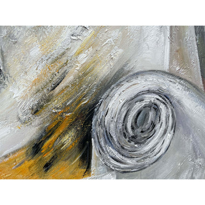 Abstract painting with swirling patterns in gray, black, and gold on a white background